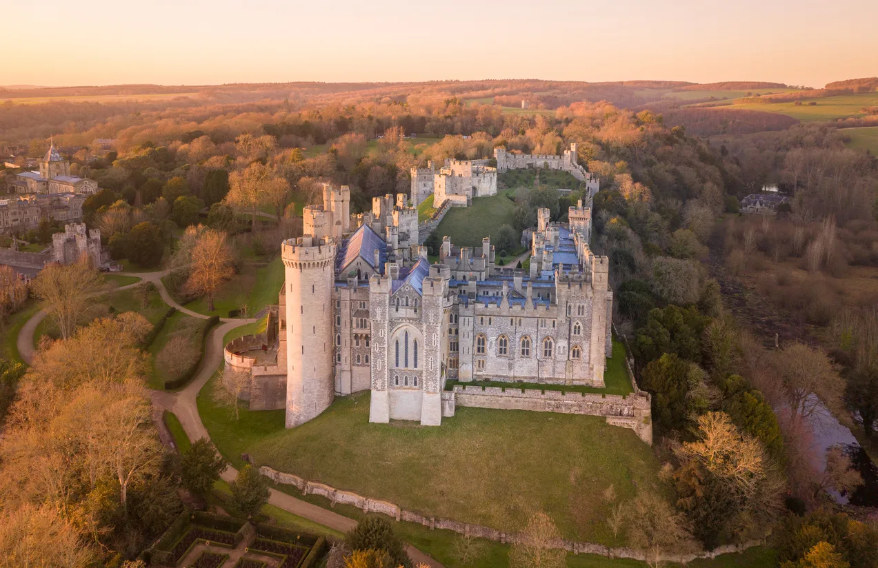 arundel castle in arundel city, west sussex, england, united kingdom. bird eye view. drone point of view.