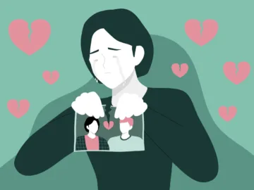 couple conflict concept. woman crying hand ripping photo of the couple vector illustration. portrait of happy spouses or picture with family memories. concept of breakup or divorce