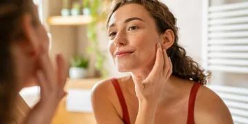 young beauty woman checking her skin at mirror in the morning