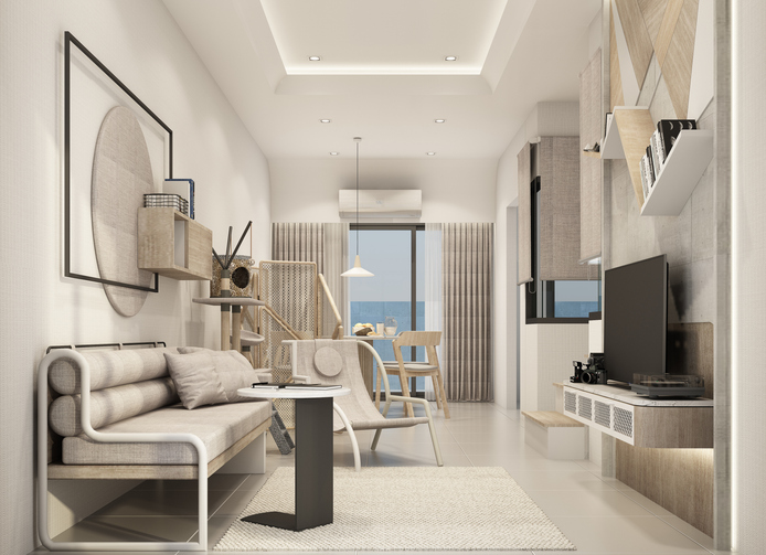 living area in townhouse interior modern natural style 3d rendering